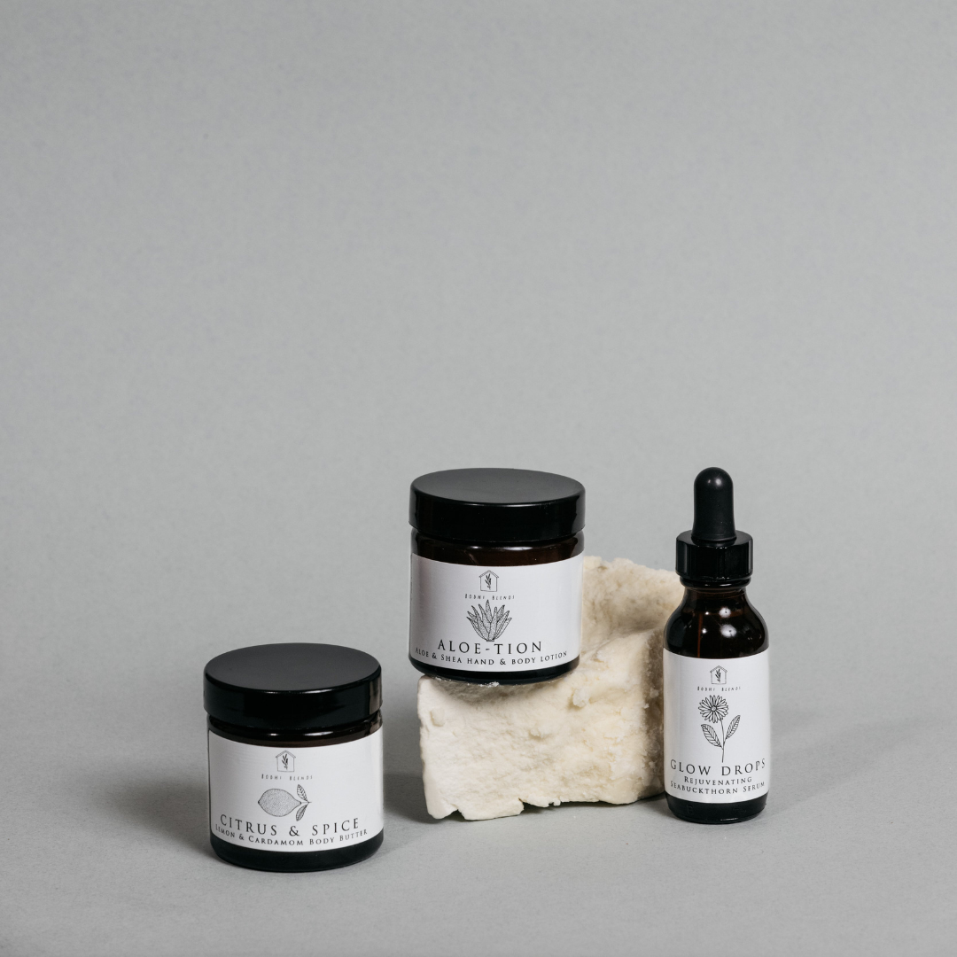 A trio of our beautiful, nourishing skincare range including our Citrus & Spice body butter, Aloe & Shea body lotion and Seabuckthorn glow drops facial serum